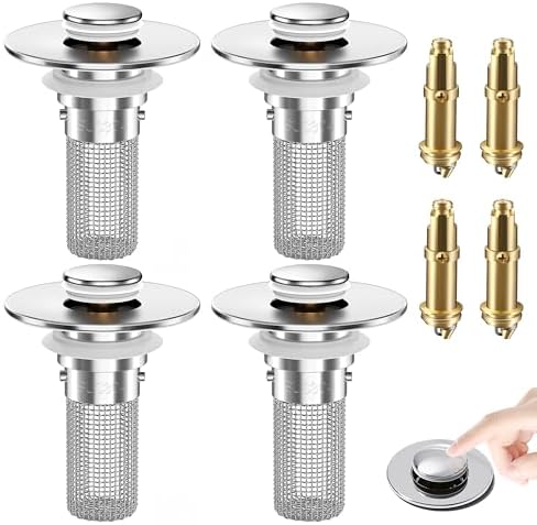 Bathroom Sink Drain Strainer, Pop-Up Bathroom Sink Stopper with Removable Stainless Steel Hair Catcher Basket, Universal Fit for US Bathroom Sinks, Showers & Floor Drains (4pcs) by YourSimplifiedHome