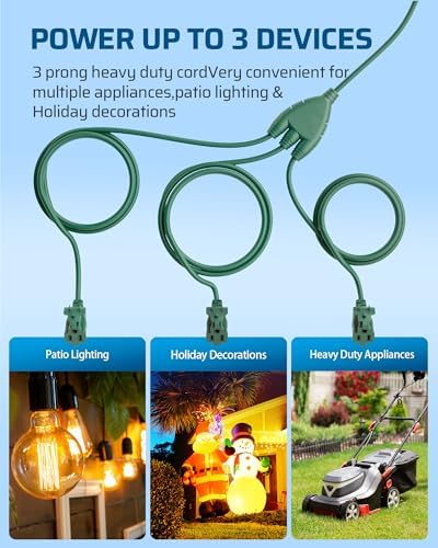 DEWENWILS 25FT (7’+6’ *3) Outdoor Extension Cord 1 to 3 Slipper Cord, Green - Image 3