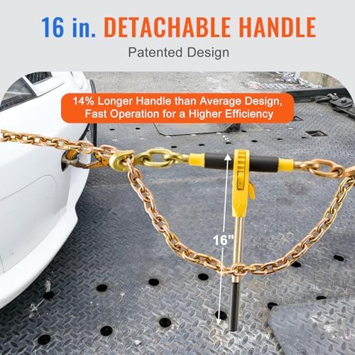 VEVOR 3/8"-1/2" Ratchet Chain Binder with Chain, G80 12000 lbs Secure Limit, Heavy Duty Load, Labor-Saving Anti-Skid Handle, Tie Down Hauling Chain Binders for Flatbed Truck Trailer, 2 Set & Yellow - Image 4