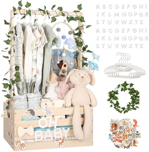 Large Baby Shower Gifts Basket Wooden Crate, Personalized Wooden Letters Hangers New Born Baby Girl Boy Pregnancy Gifts for New Mom Parents Vine Decorations Cute Closet with Adjustable Handle by MAMBAKOTR