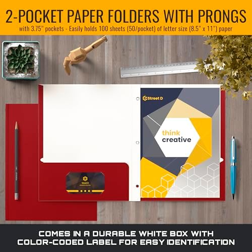 Better Office Products Plastic Folders, 50 Pack Red Paper Folders with Pockets & Folders with Prongs, Matte Texture, Letter Size, 3 Metal Prong Fastener Clips, Durable for Office, School, Filing - Image 2