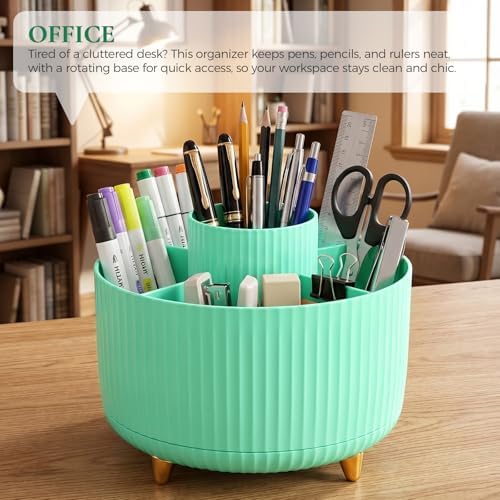 KONVINIT Pencil Pen Holder for Desk, 5 Slots 360-Degree Rotating Desktop Organizer, Cute Desk Organizers and Accessories for School, Home, Office and Art Supply, Mint Green - Image 7