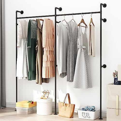ORSENIGO Industrial Pipe Clothing Rack, Heavy Duty Metal Clothes Rack with Double Rods for Hanging Clothes, Wall Mount Space-Saving Garment Display Rack by ORSENIGO