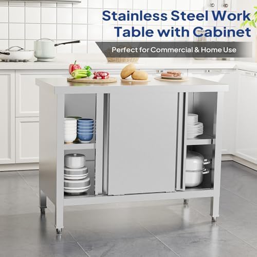 ROVSUN Stainless Steel Prep & Work Table with 2 Sliding Doors, 39 x 19 Inches, Commercial Kitchen Metal Table for Restaurant Home Hotel Garage - Image 4