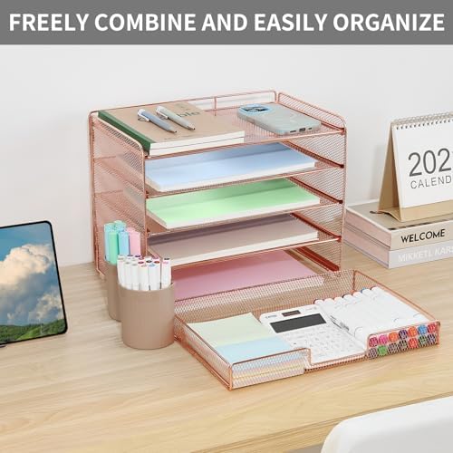 LEKETREE Desk Organizer and Accessories, 5-Tier Paper Letter Tray Organizer with Drawer & 2 Pen Holders for Desktop File Organization, Office Desk Accessories for Supplies Storage (Rose Gold) - Image 5