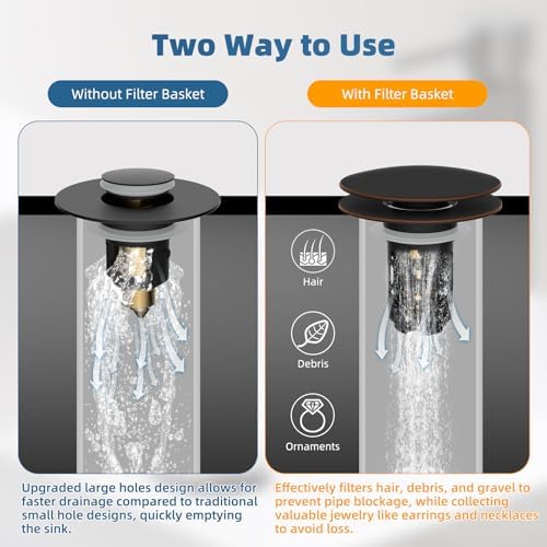 Hibbent Upgraded 3 in 1 Bathroom Sink Drain Strainer, Pop Up Sink Stopper with Big Push Cap, Anti-Clogging Metal Filter Basket,Sink Plug with Hair Catcher for 1.1''~2.36'' Basin, Oil-Rubbed Bronze - Image 3