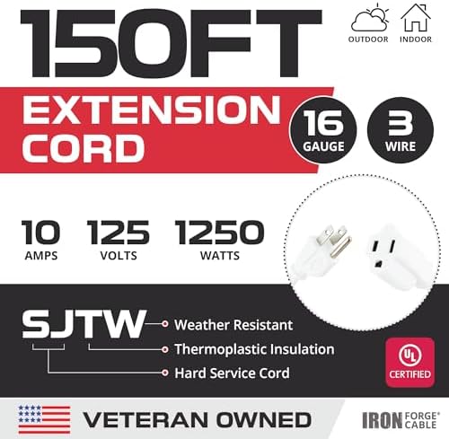 Iron Forge Cable 16 Gauge Heavy Duty White Extension Cord, 150 Ft - SJTW - Image 2