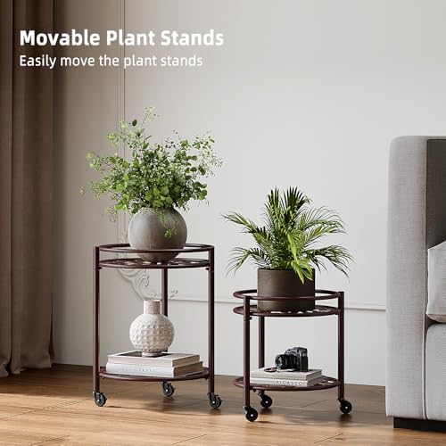 2 Tier Heavy Duty Rolling Plant Stand, 2 Pack Coffee - Image 2