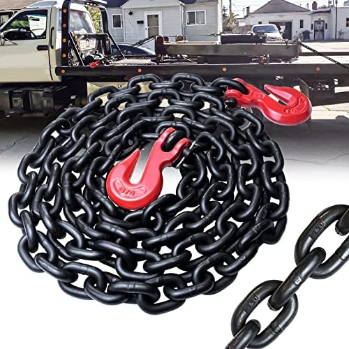 G80 Transport Binder Chain 3/8 Inch x 10 Foot | Tow Chain with Clevis Grab Hooks | 7,100 lbs Safe Working Load | Heavy Duty Chain for Transporting Towing (3/8'' x 10FT (Black)) by FITHOIST