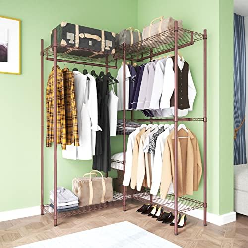 XIOFIO 6 Tiers Heavy Duty Garment Rack,Clothing Storage Organizer, Metal Clothing Rack,Clothing Rack with Hanging Rod,Adjustable Shelf and Fixed Baskets,60.7"L x 15.7"W x 70.5"H Max Load 720LBS,Bronze - Image 3