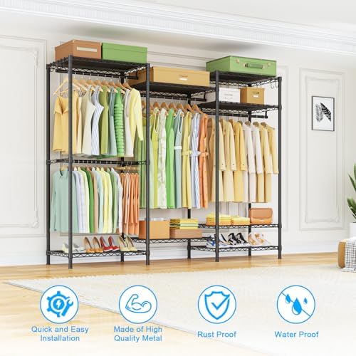 Ulif E13 Heavy Duty Clothes Rack（With 4 Hanger Rods & 8 Shelves） Freestanding Clothing Racks for Hanging Clothes，Adjustable Closet Organizer，Metal Garment Rack 63" W x16 D x77 H，Max Load 900LBS，Black - Image 6