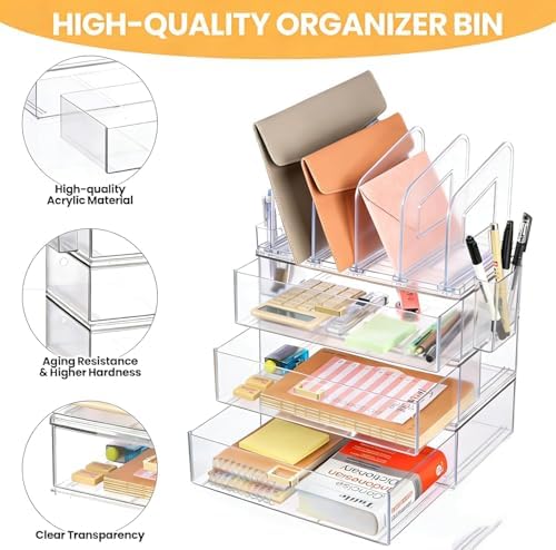 LALOBLUE Acrylic Desk Organizer with 4-Vertical File Holder Rack, 3-Clear Drawer and 2 Pen Holders, Desktop Storage for Office Desk Accessories School Classroom Organization (Clear) - Image 5