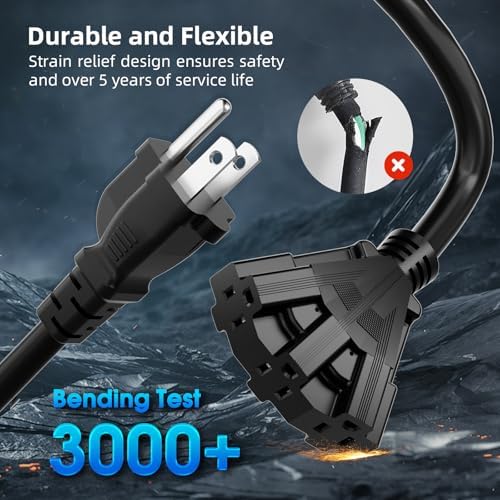 15 FT 3 Outlet Outdoor Extension Cord Waterproof, 16/3 SJTW Black Extension Cord with Multiple Outlets, Heavy Duty 16 Gauge 3-Prong Grounded Power Cable for Garden and Home Use, ETL Listed - Image 2