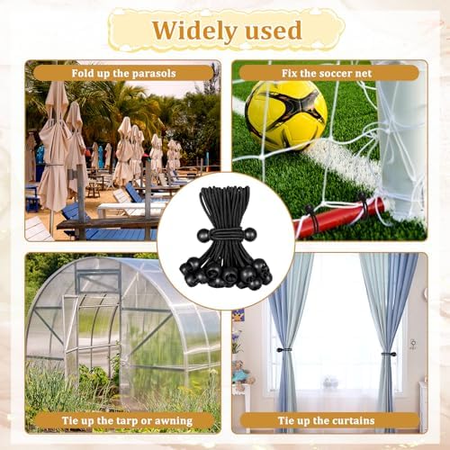 100 Pack Tarp Bungee Cords with Balls, 6 Inch Ball Bungee Cords Elastic Tarp Tie Downs Straps Heavy Duty Outdoor Canopy Tent Tie Downs for Camping, Travel, Luggage, Tent Poles with UV Resistant, Black - Image 7