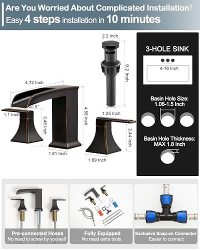 Oil Rubbed Bronze Bathroom Faucet 3 Hole, 4-16 Inch Brass Waterfall Faucet for Bathroom Sink, 2 Handle Vanity Bathroom Faucets with Pop-up Drain and Supply Hoses - Image 4