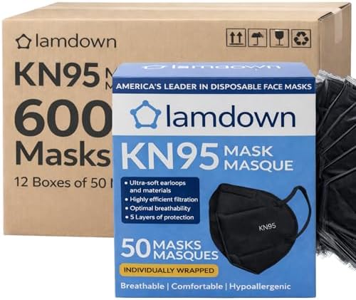 (600-Pack) KN95 Face Masks, Individually Wrapped, Premium Disposable Dust Mask, Black by Lamdown