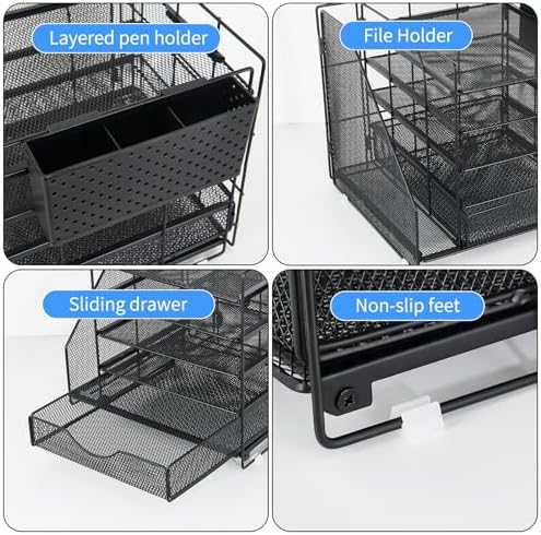 5-Tier Desk Organizer with Drawer and Pen Holder, Black - Image 6