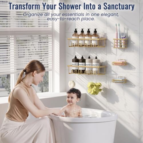 5 Pack Adhesive Bathroom Holders & Dispensers for Kids & Adults, Gold - Image 3