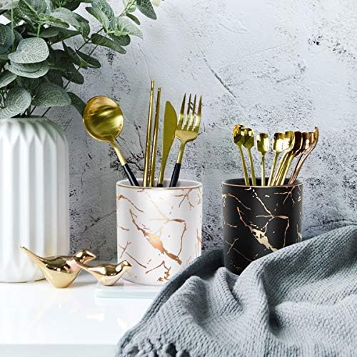Pencil Cup, Pen Holder for Desk, Pen Pencil Stand Holder for Desk, WAVEYU Office Desk Organizer for Girls Women Kids Ceramic Glitter Marble Makeup Brush Holder, Black (Upgrade Style) - Image 3
