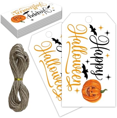 Halloween Paper Gift Tags with String-50Pcs, Happy Halloween Cute Pumpkin Tags for Goodie Bags, 2 x 3.5 Inch Waterproof Hanging Labels for Decoration Party Supplies, Gift Wrapping, DIY Crafts-B03 by RPLCSPC