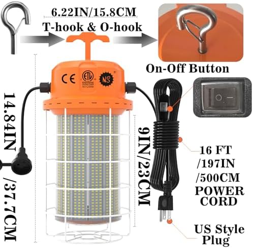 NS LED Temporary Work Light 400W 60000 LM, 5000K Daylight with 16-ft Cord & Hook, Waterproof, Orange - 26-Year Lifespan, 5-Yr Warranty, Chainable up to 20 (1-Pack) Construction JobSite Warehouse - Image 4