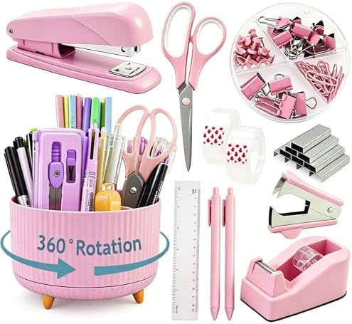 Gawsey Pink Desk Organizers and Accessories with Desk Organizer 360° Rotating Pen Holder and Office Supplies, Cute Stationery Supplies Set by Gawsey