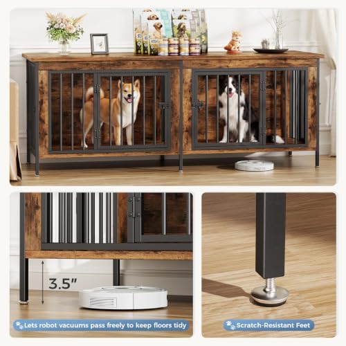 DUMOS 63" Dog Crate Furniture for 2 Dogs with Divider, Rustic Brown - Image 4