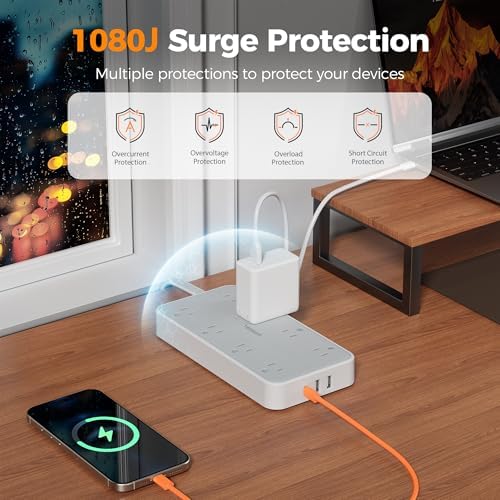TESSAN Extension Cord with 1080 Joules Surge Protection, 6 Ft, Grey - Image 2