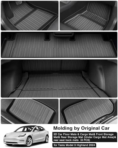 Powerty Floor Mats for 2024 2025 2026 Tesla Model 3 Highland 8 PCS Floor Cargo Liners Full Set All Weather TPE 3D 2 Row Liner Front Rear Storage Mat and Rear Seat Back Mats - Image 5