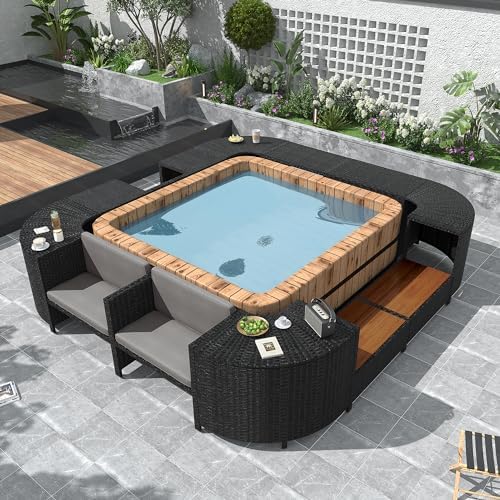 Outdoor Spa Surround Sofa Set Rattan Sectional Hot Tub Frame with Cushioned & Wooden Seats, Storage Cabinets & Table Surfaces for 74" Portable Spa, All-Weather Quadrilateral Hot Tub Surround, Grey by Home