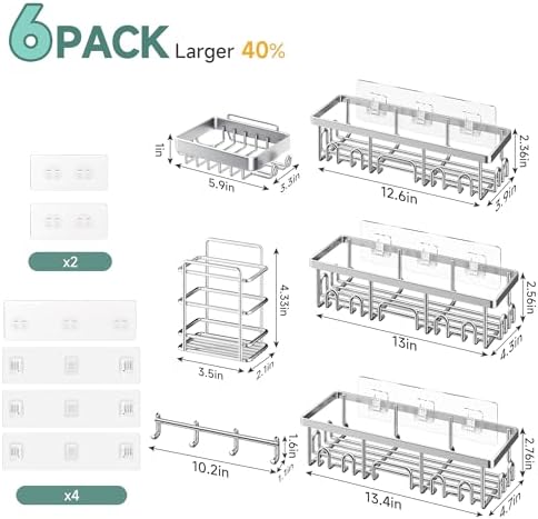 Veken Shower Caddy 6-Pack with Hooks, Bathroom Organizers & Storage, Silver - Image 6