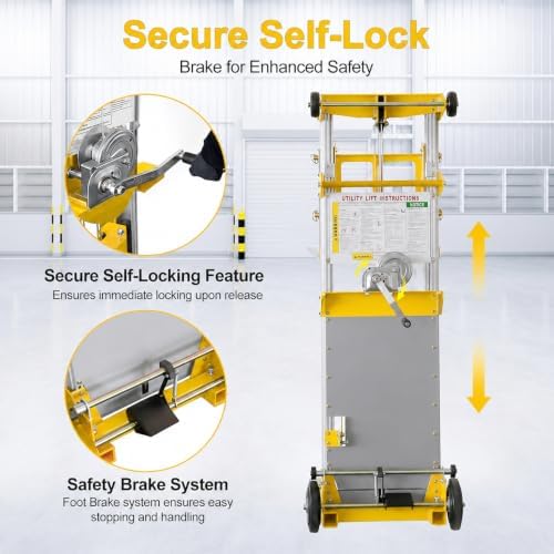 122" Material Lift Winch Stacker, 400 lbs Capacity Manual Material Lifts, Fixed Straddle Material Lifter, Hand Winch Lift Trucks for Warehouse, Factory, Lightweight, 34.60"L x 24.80"W, Yellow - Image 6