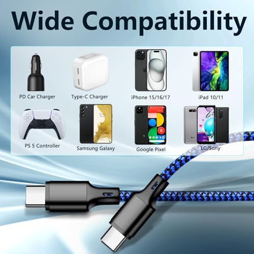 60W USB C to USB C Cable, 3 Pack 10ft Type C Fast Charger Cord (Blackblue) - Image 6