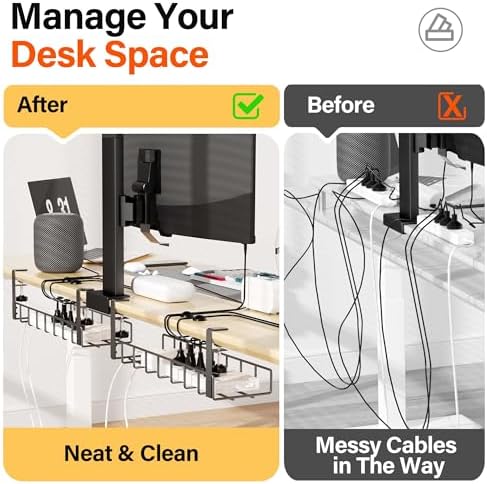 2 Pack Cable Management Under Desk Tray, 31.4" No Drill Under Desk Wire Management with Upgraded Clamp, Metal Cord Organizers for Desk with Cable Organizers, PC Cable Management Rack, Black - Image 3