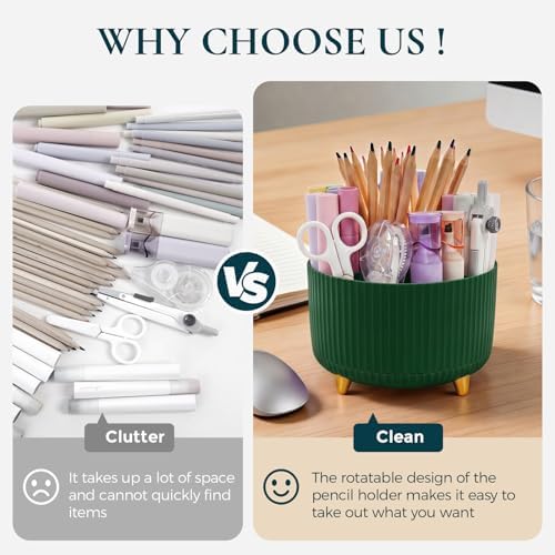 KONVINIT Pencil Pen Holder for Desk, 5 Slots 360-Degree Rotating Desktop Organizer, Cute Desk Organizers and Accessories for School, Home, Office and Art Supply, Dark Green - Image 3