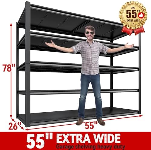 REIBII 78" H Storage Shelves, Garage Shelving Heavy Duty Load 3000LBS, Adjustable Garage Shelving, 5 Tier Metal Shelves Unit for Storage Rack, Basement, 55" W x 26" D x 78" H, Black, 4 Pack - Image 3