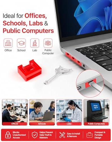 12-Pack USB-A Port Locks with 1 Key,Laptop Security Locks for Physical Security and Malware Protection, Removable USB-A Port Locks for PC Laptops, Protecting Data and Information Security (Red) - Image 2