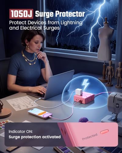 SUPERDANNY Pink Extension Cord 10Ft, Flat Plug Power Strip Surge Protector - Image 6