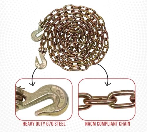 Mytee Products (4 Pack) 1/4" x 12' Transport Binder Chain Grade 70 with Grab Hook - 3150 LBS WLL Transport Binder Tow Chain with Hooks - Towing Equipment - Gold Chromate - Image 4