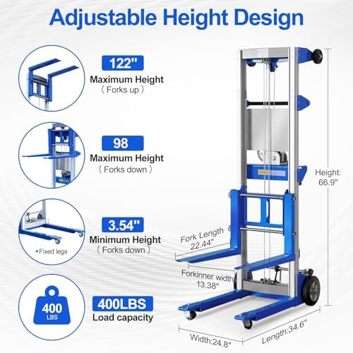 2PCS Material Lift Winch Stacker, 3.54"-122" Height Range, 400 lbs Capacity, Hand Winch Lift Trucks for Warehouse, Factory, Library, 34.60" L x 24.80" W - Image 2