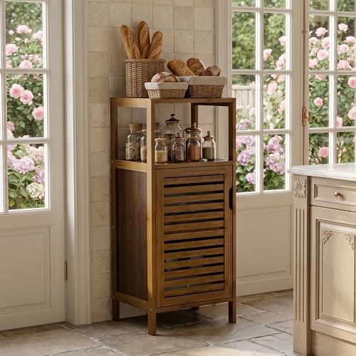 HITNET Bathroom Cabinet, Bamboo Floor Cabinet Free Standing, 4 Tier Sofa Side Storage Cupboard for Living Room Kitchen Entryway, Walnut - Image 2
