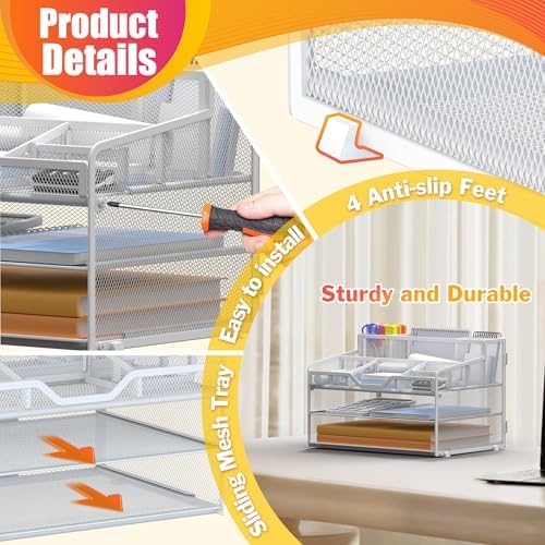 Docnest 3 Tier Mesh Desk Organizer with Letter Tray & Paper Sorter, White - Image 4