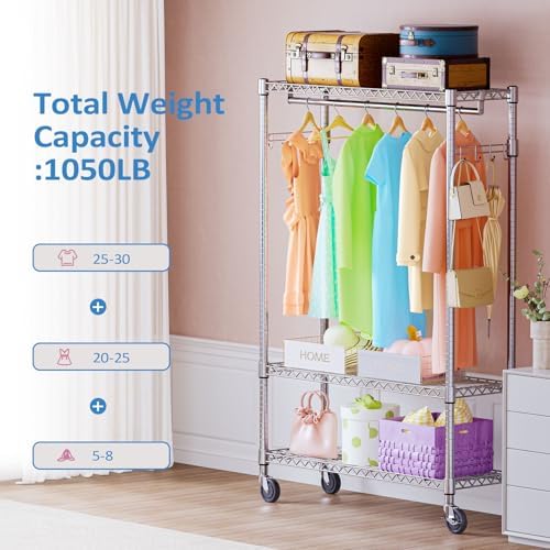 IZEUK Heavy Duty Rolling Garment Rack Wire Clothes Rack for Hanging Clothes (Chrome, 3 Tier with 2 Rod, 15.7" D x 45.3" W x 75.6" H) - Image 3
