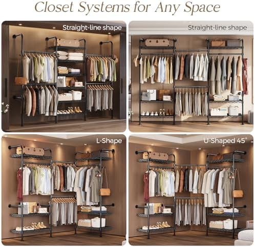 Wall Mounted Closet System, Heavy Duty 3-Row Clothes Rack, Expandable Industrial Pipe Closet Organizers and Storage with 4 Telescopic Rods, 4 Hooks & 6 Shelves for Wardrobe, Bedroom - Image 5