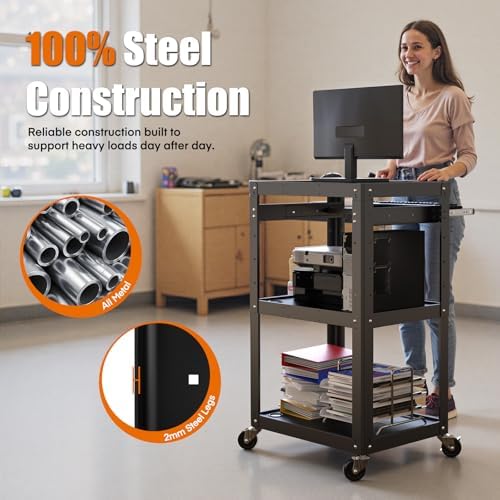 AV Presentation Cart Stand for Video Projector,TV,Laptop Computers,Printers,Metal Construction Rolling Cart with Adjustable Shelves,4 Wheels,4 Outlets, 5.75ft Cord,Support 300 lbs,Black - Image 2