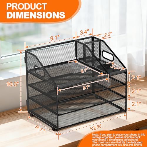 DocNest 4 Tier Metal Mesh Desk File Organizer with Phone Shelf, Black - Image 2