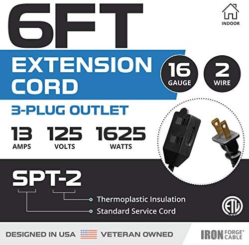 Iron Forge Cable 16 Gauge Black Indoor Extension Cord, 6 Ft - SJT - Image 2