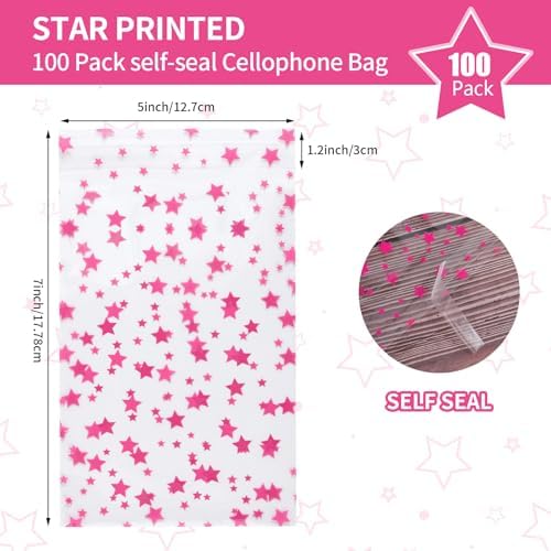 COQOFA 100 Pcs Star Printed Sealable Gift Wrap Cello Cellophane Bags Self sealing Adhensive Treat Bags Party Favor bags (5x7inch, Pink) - Image 2