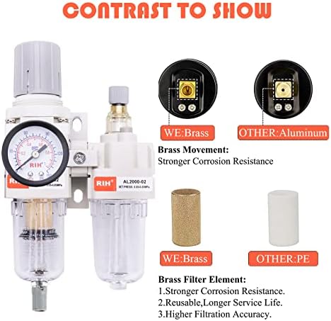 RIH Pneumatics 1/4“ NPT Compressed Air Filter Regulator Lubricator Combo Water/Oil Trap Separator - Gauge(0-150 psi), Auto Drain and Manuall-Drain,Poly Bowl,Bracket - 3 in 1 Two Unit - Image 4