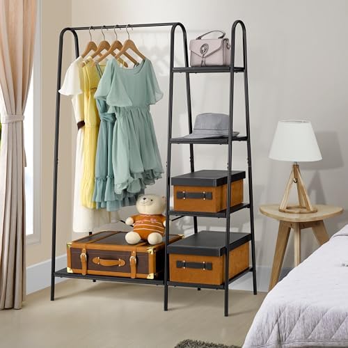 Finnhomy Rustic Clothes Rack, Clothing Rack for Hanging Clothes Heavy Duty Garment Rack with 5 Wood Shelves Freestanding Portable Closet Organizer for Bedroom/Entryway/Boutiques，Matte Black - Image 2